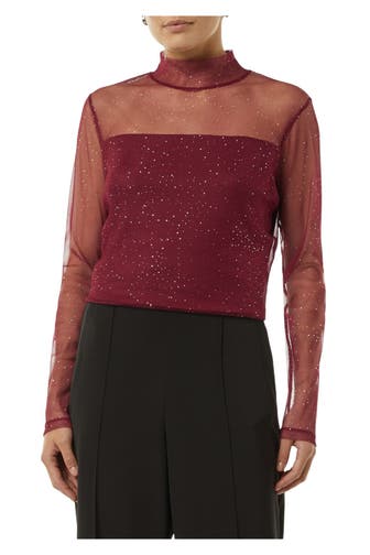 COMMA, Mesh-Langarmshirt weinrot glitzernd