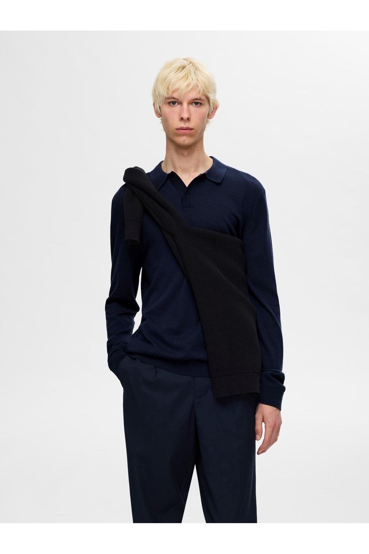 SELECTED Langarm-Polo dunkelblau, Bild 1