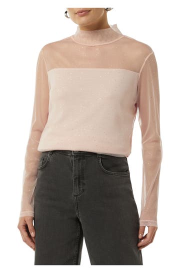 COMMA, Mesh-Langarmshirt puderrosa glitzernd
