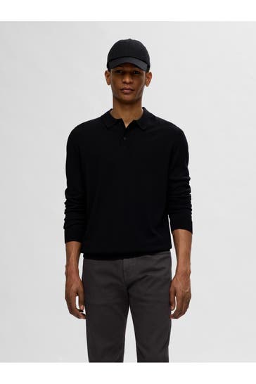 SELECTED Langarm-Polo schwarz