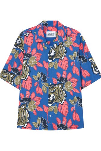 SEIDENSTICKER Kurzarmhemd Druck Mittelblau Regular Fit