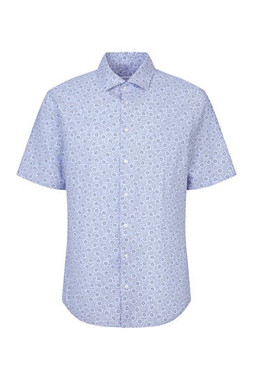 SEIDENSTICKER Kurzarmhemd Druck Mittelblau Slim Fit