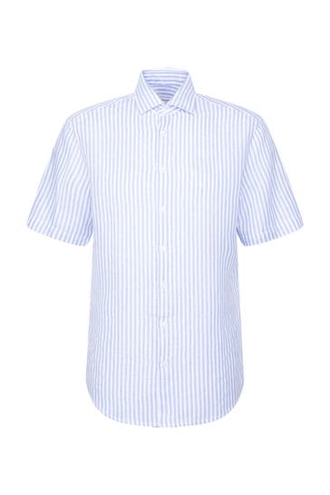 SEIDENSTICKER Kurzarmhemd Gestreift Mittelblau Regular Fit