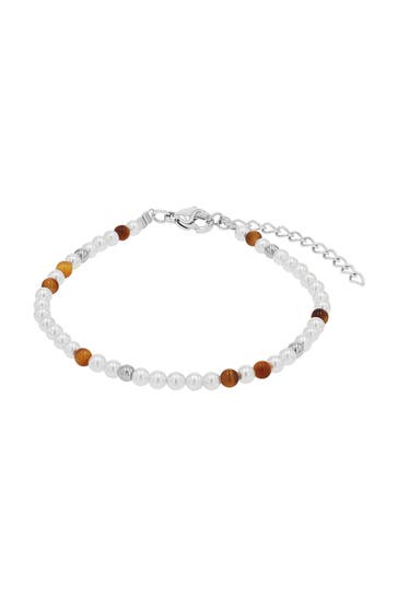 AMOR Armband für Damen, Edelstahl, Muschelkernperle, Tigerauge Silber