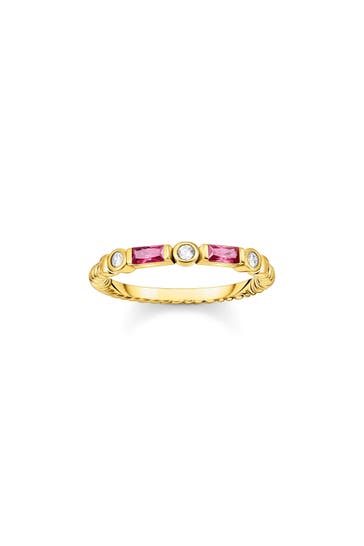 THOMAS SABO Bandring Kordel mit roten und weißen Steinen vergoldet 925 Sterlingsilber, 750 Gelbgold Vergoldung