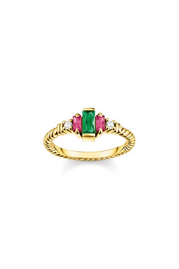 THOMAS SABO Ring Kordel mit grünen und roten Steinen vergoldet 925 Sterlingsilber, 750 Gelbgold Vergoldung