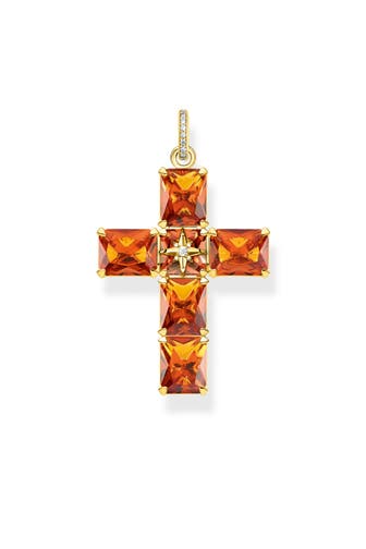 THOMAS SABO Anhänger Kreuz orange Steine 925 Sterlingsilber, 750 Gelbgold Vergoldung
