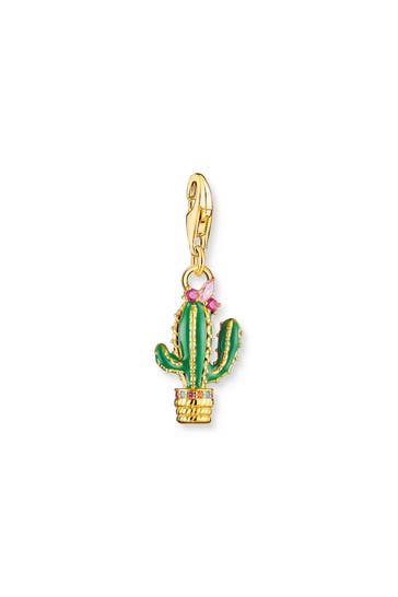 THOMAS SABO Charm-Anhänger grüner Kaktus vergoldet 750 Gelbgold Vergoldung, Kaltemail, 925 Sterlingsilber