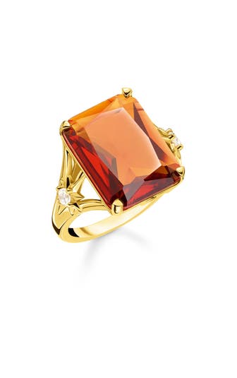 THOMAS SABO Ring Stein Orange groß mit Stern 925 Sterlingsilber, 750 Gelbgold Vergoldung