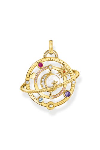 THOMAS SABO Kettenanhänger mit Planetenring und bunten Steinen vergoldet 750 Gelbgold Vergoldung, Kaltemail, 925 Sterlingsilber