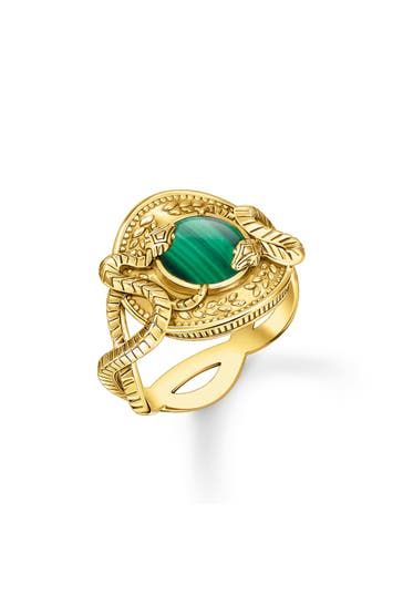 THOMAS SABO Ring Schlange mit grünem Malachit vergoldet 925 Sterlingsilber, 750 Gelbgold Vergoldung