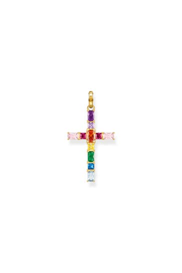 THOMAS SABO Anhänger Kreuz bunte Steine gold 925 Sterlingsilber, 750 Gelbgold Vergoldung