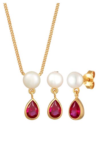 ELLI PREMIUM Schmuckset Süßwasserperlen Synthetischer Rubin 925 Silber Gold