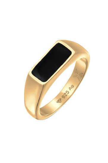 KUZZOI Ring Herren Siegelring Emaille Schwarz 925 Sterling Silber Gold