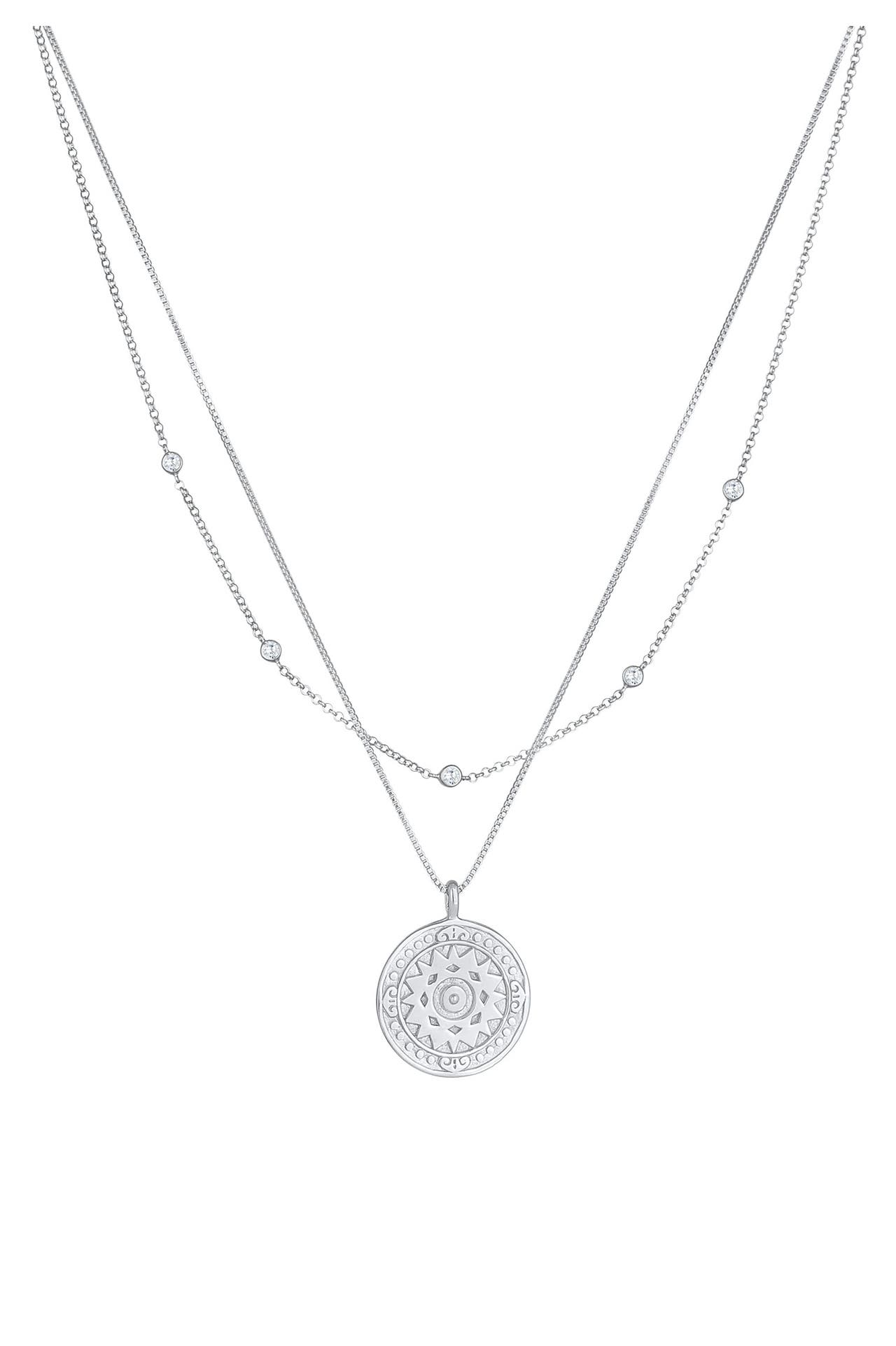 ELLI Kette Layer Coin Ornament Münze Zirkonia 925 Silber Silber, Bild 1