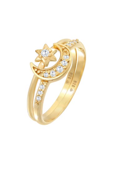 ELLI Ring Stern Mond Zirkonia Stapelring 2er Set 925 Silber Gold