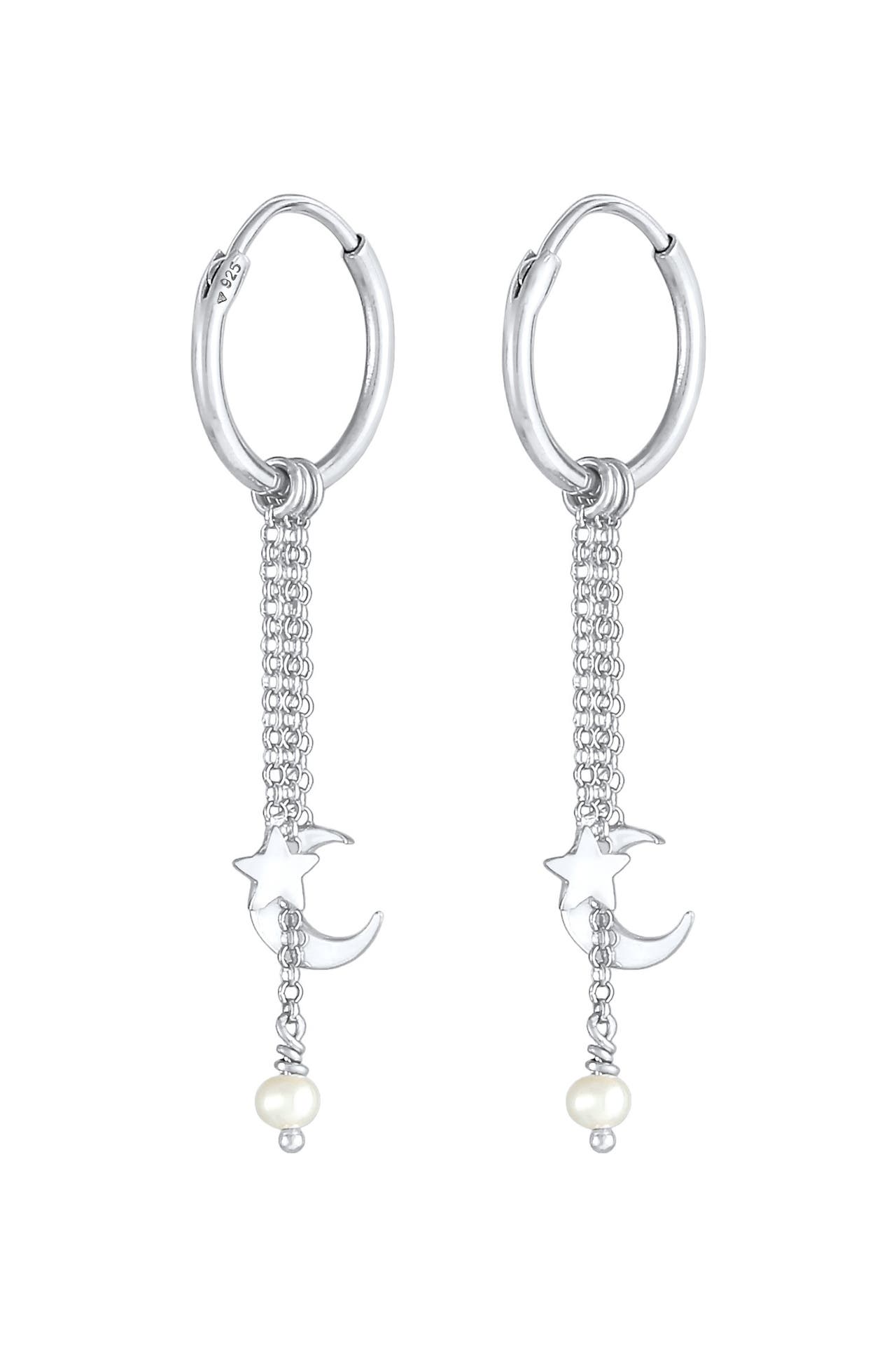 ELLI Ohrringe Creolen Hänger Stern Mond Zuchtperle 925 Silber Silber, Bild 1