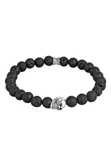 KUZZOI Armband Herren Totenkopf Lava Stein Perlen 925 Silber Schwarz