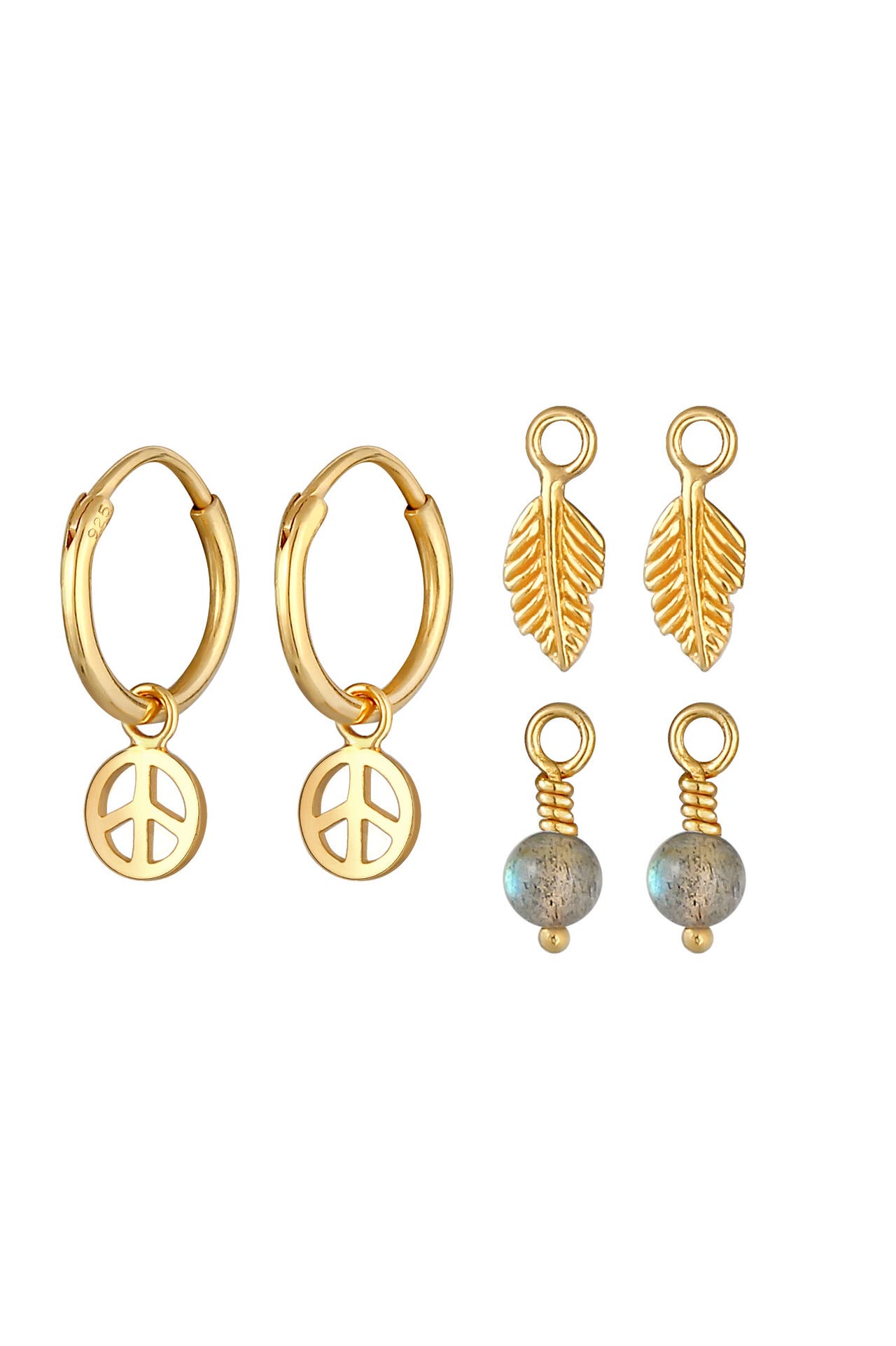 ELLI Ohrringe Creolen 3-Set Peace Feder Labradorit 925 Silber Gold, Bild 1