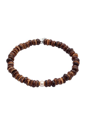 KUZZOI Armband Kokusnuss Beads Synthetische Perle Weiß 925 Sterling Silber Braun