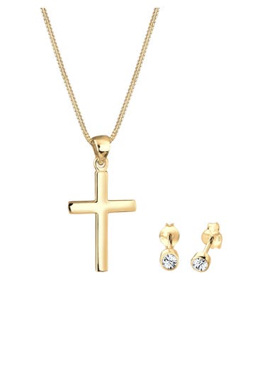 ELLI Schmuckset Kette Kreuz und Stecker 925 Silber, mit Kristallen von Swarovski® Gold