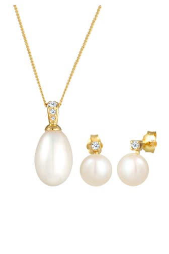 ELLI DIAMONDS Schmuckset Perlen Diamant Brillantschliff (0.11ct) 585 Gelbgold Gold