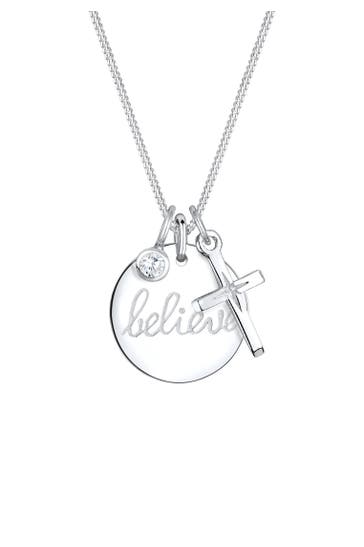 ELLI Kette Plättchen Believe Wording Kreuz Zirkonia 925 Sterling Silber Silber