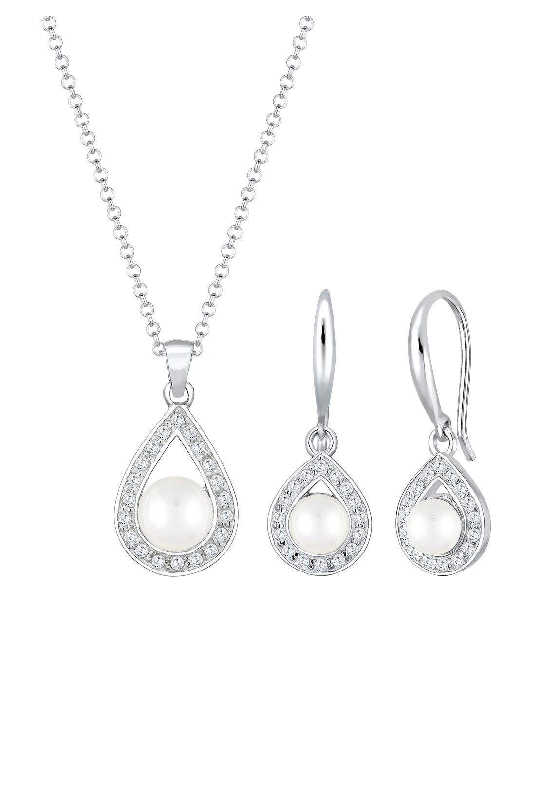 ELLI PREMIUM Schmuckset Süßwasserzuchtperle Tropfen Zirkonia 925 Sterling Silber Silber, Bild 1