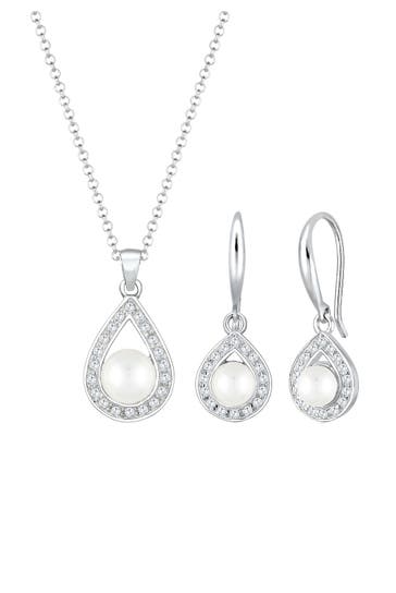 ELLI PREMIUM Schmuckset Süßwasserzuchtperle Tropfen Zirkonia 925 Sterling Silber Silber