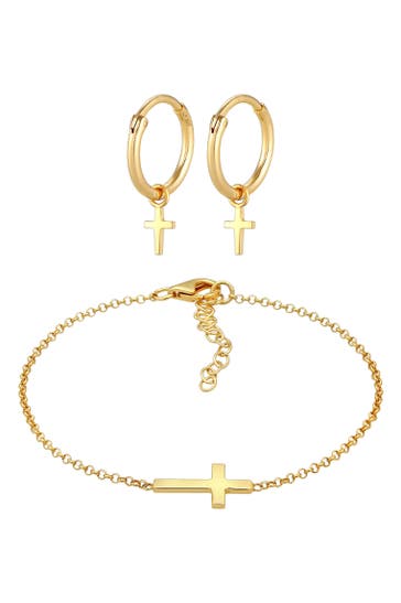 ELLI Schmuckset Kreuz Symbol Armband Ohrstecker Set 925 Silber Gold