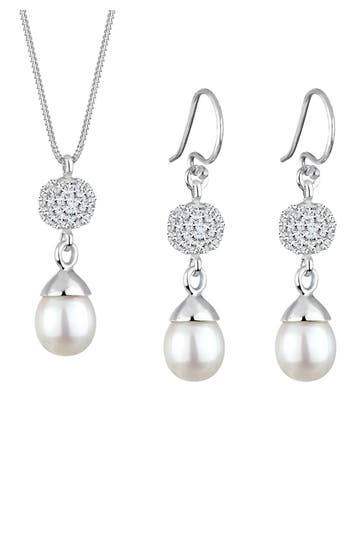 ELLI Schmuckset Kette und Ohrhänger mit Perlen Silber, mit Kristallen von Swarovski® Weiß
