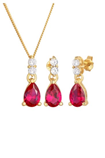 ELLI PREMIUM Schmuckset Kette Ohrhänger Syn. Rubin Zirkonia 925 Silber Gold