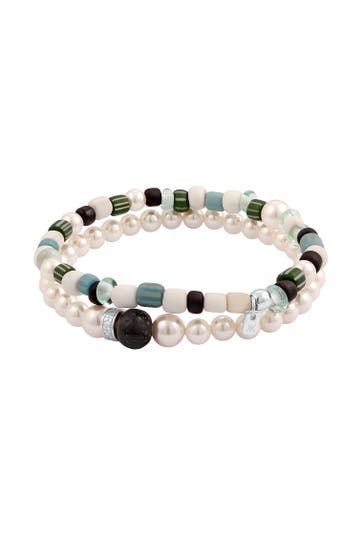 KUZZOI Armband Set Glas Bead Muschelkern Perle Weiß 925 Sterling Silber Silber