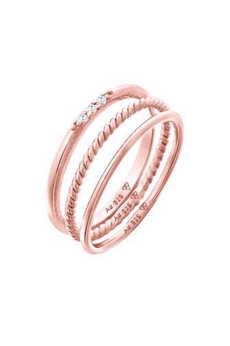 ELLI Ring Zirkonia Kordel Basic Stapel (3 tlg.) 925 Silber Rosegold