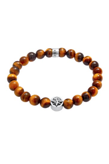 KUZZOI Armband Herren Tigerauge Kompass Beads 925er Silber Braun