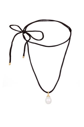 ELLI Kette Muschelkernperle Tropfen Satinband 925 Silber Schwarz