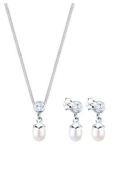 ELLI Schmuckset Zirkonia Süßwasserzuchtperlen Weiß 925 Sterling Silber
