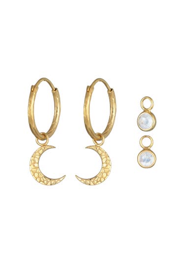 ELLI PREMIUM Ohrringe Creolen Halbmond Mondstein Einhänger 925 Silber Gold