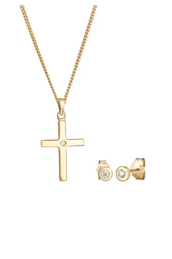 ELLI DIAMONDS Schmuckset Kette Stecker Kreuz Diamant (0.075 ct) 585 Gelbgold Gold