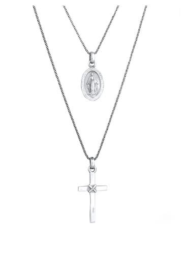 KUZZOI Kette Layer Marienbild Kreuz 925 Sterling Silber Silber