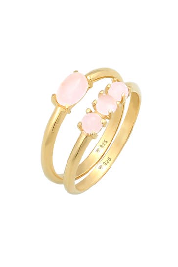 ELLI Ring Quarz Rosa Stapelringe 2er Set 925 Silber Gold