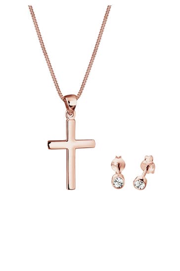 ELLI Schmuckset Kette Kreuz und Stecker 925 Silber, mit Kristallen von Swarovski® Rosegold