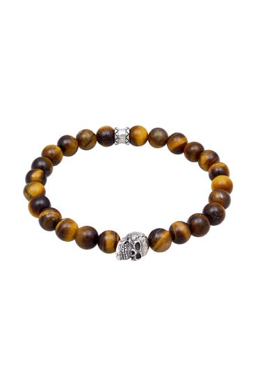 KUZZOI Armband Tigerauge Totenkopf Bead Steinarmband 925 Silber Braun