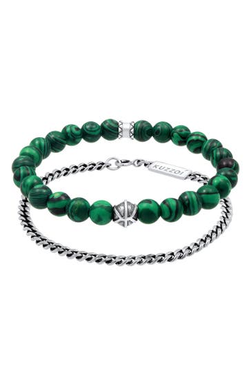 KUZZOI Armband Herren Set Panzer Synth. Malachit Perlen 925 Silbe Silber