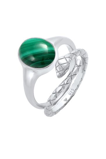 ELLI PREMIUM Ring Siegelring Malachit Schlange 2er Set 925 Silber Silber