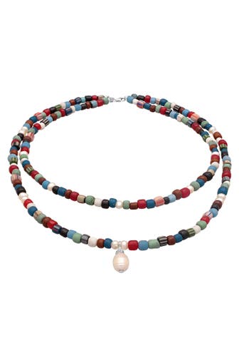 KUZZOI Kette Glas Beads Layer Bunt Süßwasserperlen 925 Silber Zweifarbig