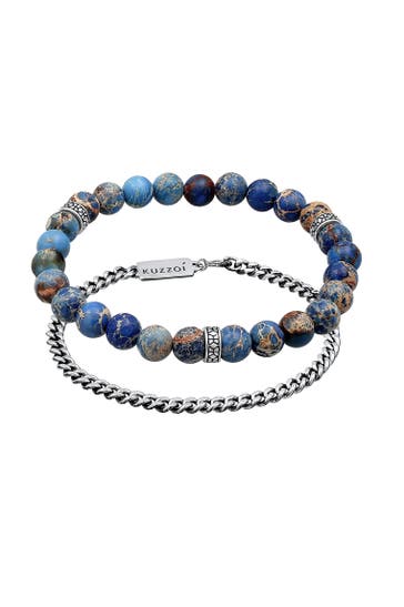 KUZZOI Armband Herren Achat Blau Panzerkette 2er Set 925 Silber Dunkelblau