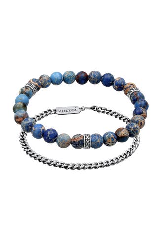 KUZZOI Armband Herren Achat Blau Panzerkette 2er Set 925 Silber Dunkelblau