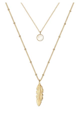 ELLI Kette Layer Feder Mondstein Weiß 925 Sterling Silber Gold