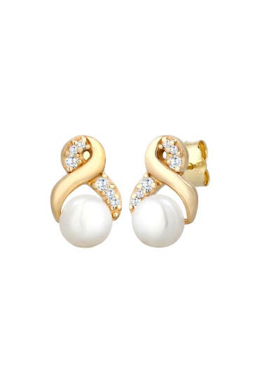 ELLI PREMIUM Ohrringe Infinity Zirkonia Süßwasserperle 585 Gelbgold Gold